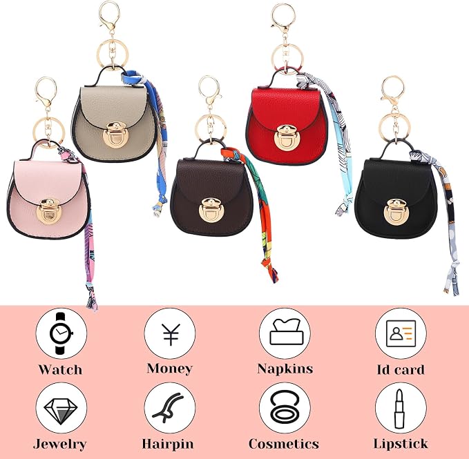 Liliaafar 5 Pcs Mini Backpack Keychain Mini Coin Purses for Women Cute PU Leather Makeup Bag with Keychain, Multi Pocket Card Holder Cable Organizer Giftable Zipper Pouch (Saddlebag)