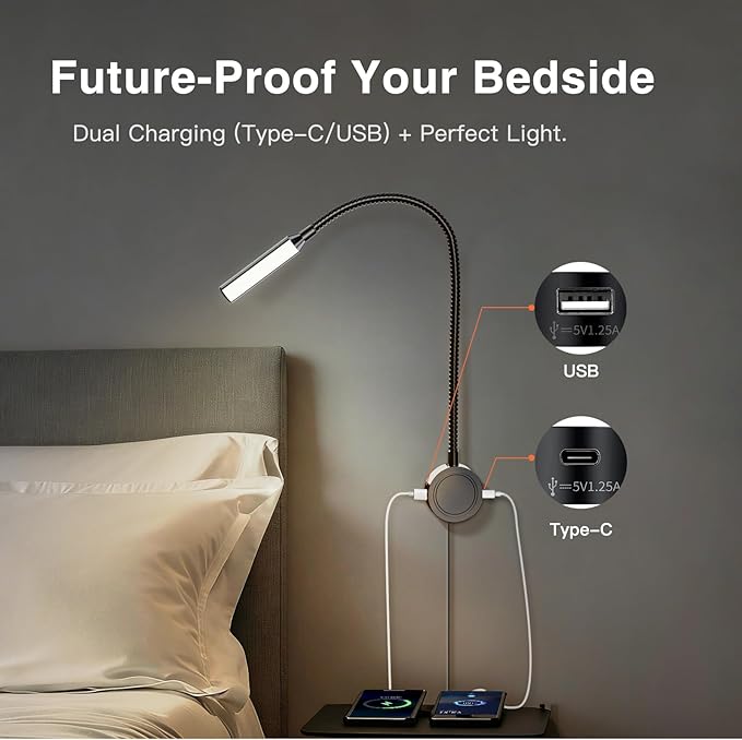 VST Books Lights for Headboard, Bedside Wall Mounted Reading Lamp, Reading Light Touch to Adjust Color Temp (3000K/4000K/6000K) and Brightness, USB/Type-C Charging Ports, 20W Driver, ETL-Listed