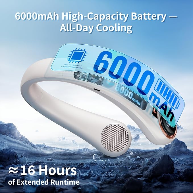 BNBZ Portable Neck Fan, 6000mAh Rechargeable Fan Blows Cold Air with LED Display, 4 Speeds, 20H Runtime, Quiet Wearable 360° Personal Cooling Fan for Outdoor Travel Work Gym,Fireplace Fans-White