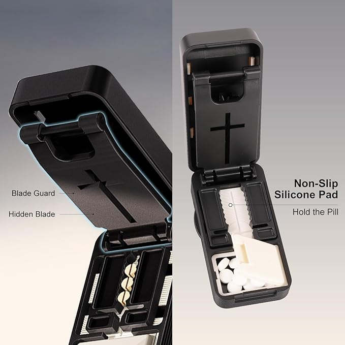 Pill Splitter for Large, Small, and Tiny Pills, 1/2 and 1/4 Portable and Adjustable Tablet Cutter with Hidden Blade,Cut Multiple Tablets with Storage Space (White)