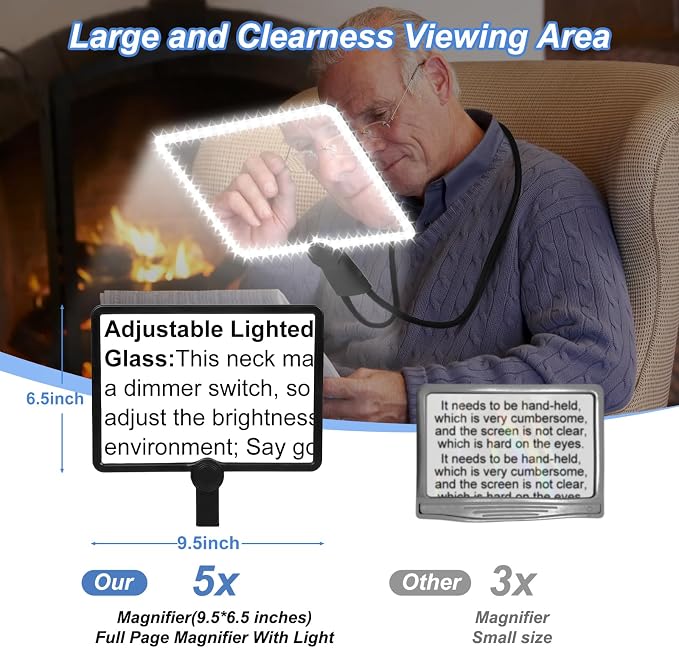 5X Large Hands Free Magnifying Glass with Light Full Page Magnifier for Reading with 50 Ultra-Bright LEDs and Flexible Gooseneck Neck Magnifying Glass with Light for Cross-Stitching Sewing Elderly