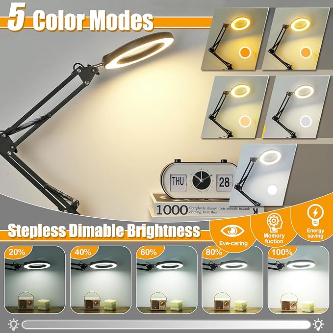 12X Magnifying Glass with Light and Stand (No Acrylic Lens), 2-in-1 Lighted Magnifier with Clamp, 5 Color Modes Dimmable LED Desk Lamp Hands Free for Painting Craft Sewing Hobby Close Work