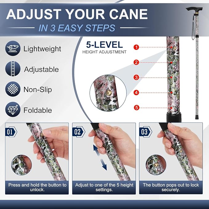 supregear Folding Cane, 5-Level Adjustable Height Walking Stick Lightweight Collapsible Portable Travel Cane with Wrist Strap and T Handle for Elderly Disabled Men Women
