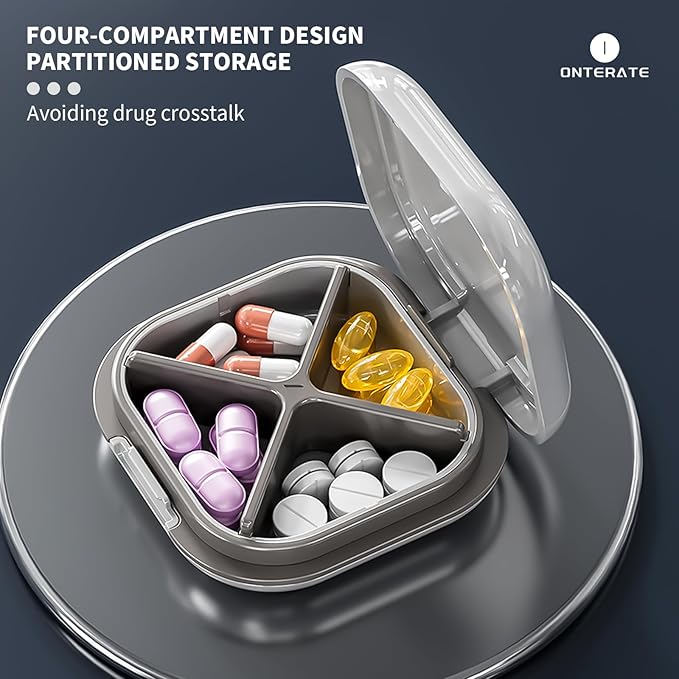 ONTERATE Small Pill Case, Travel Pill Organizer, Small Pill Box, Pill Container for Purse 4 Compartments, Daily Compact Travel Medicine Holder for Vitamins Medication (Purple)