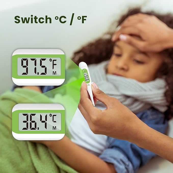 Femometer Digital Thermometer for Adults and Kids, Green | Fever Alert, Memory Recall, C/F Switchable, for Oral, Rectal or Under Arm Use
