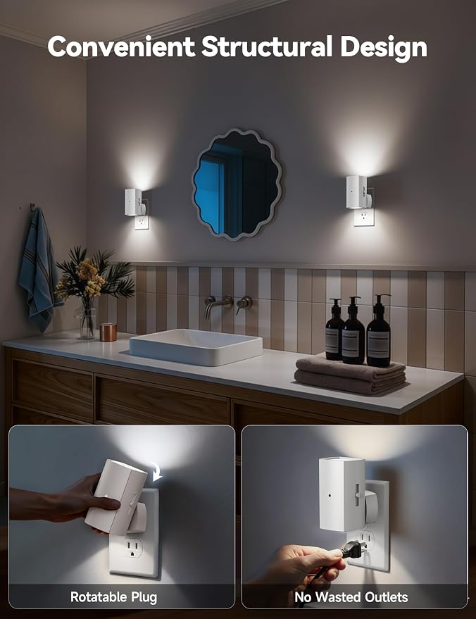 Brightown 2 Pack White Night Lights with Rotating Plug, Pure White | Modern Night Light with Rotating Plug, Dusk to Dawn Sensor, 0-100LM Stepless Dimming Night Light for Hallway Bedroom Bathroom