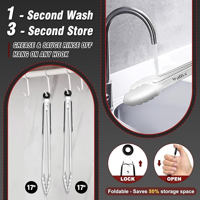 Walfos 17 Inch Extra Long Grill Tongs Set of 2, Ultimate Stainless Steel Tongs for Grilling, Cooking, BBQ/Barbecue, Buffet and Turning Food