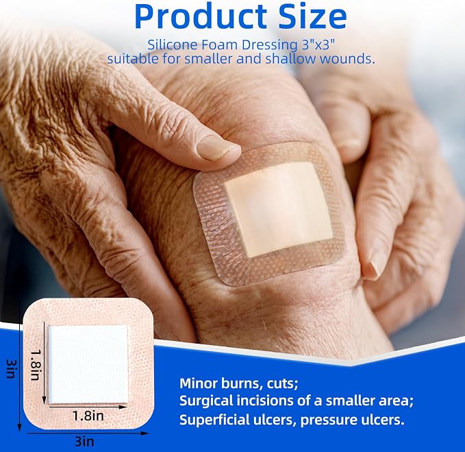 Niceful Ultra Soft Silicone Foam Dressing 3"x3" (10 Pcs)| Large Bandages for Wounds Pressure Sores Post-Surgery