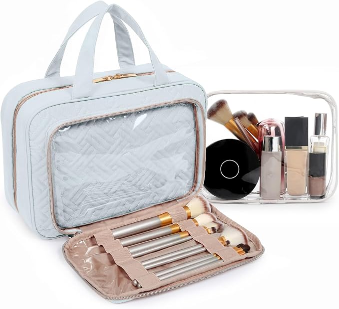 BAGSMART Toiletry Bag Hanging Travel Makeup Organizer with TSA Approved Transparent Cosmetic Bag Makeup Bag for Full Sized Toiletries, Large-Light Blue