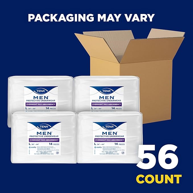 Tena Men Protective Incontinence Underwear Overnight Max Absorbency, L, 56 Count (Waist Size 34in-44in)
