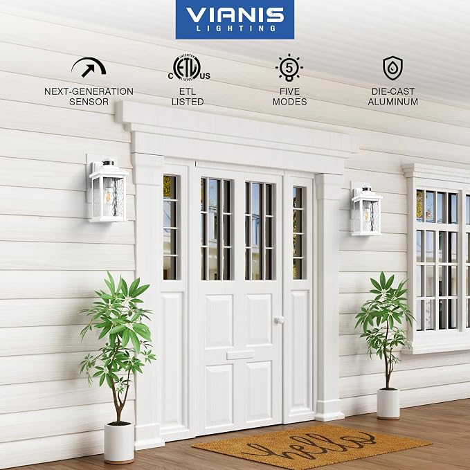 VIANIS Large Adjustable Sensitivity Motion Sensor Exterior Porch Lights | Anti-Rust, Dimmable, 2 Pack White Dusk to Dawn Outdoor Lighting, Waterproof Front Porch Light for Garage, Front Door, E26