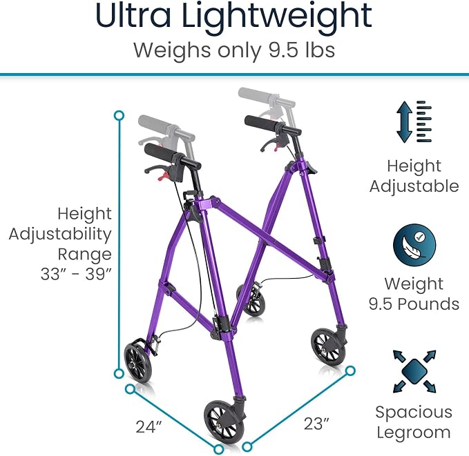 Vive Mobility Lightweight Walker for Seniors - Narrow, Folding Walker | W/Wheels for Small & Tight Spaces - Light Weight for Balance, Compact Doorways, Foldable - Portable & Collapsible for Travel