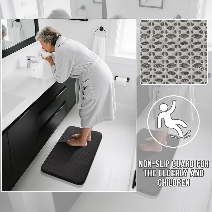Yimobra Memory Foam Bath Mat, Soft Absorbent Bathroom Rug, 24x17, Black | Non Slip Backing, Quick Dry, Machine Washable Bath Rug for Tub & Shower Areas, Durable Design That Complements Bathroom Decor
