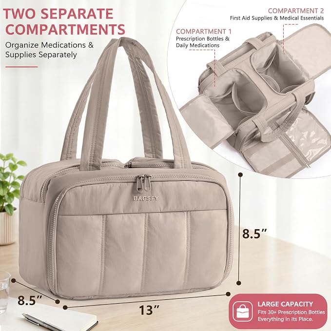 Travel Medicine Storage Bag with 2 Compartments, Wide-Mouth Medical Organizer, Puffy Lightweight First Aid Bag for Prescription Bottles, Pill Cases, Medical Supplies & Family Emergency Essentials