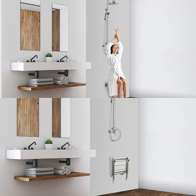 Folding Shower Seat Wall Mounted Bathroom Bathtub Safety Stool Chair, Solid Wood, with Support Legs, Load of 350 lbs, 14.88"(L)*12"(W)*17.12"(H) (WPC)