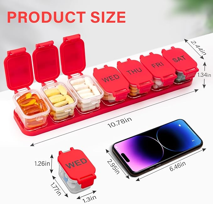 Extra Large Weekly Pill Organizer - Waterproof 7-Day Pill Box, Portable Vitamin & Supplement Case, Easy to Open Design, Ideal for Travel a nd Daily Medication Management (Red)