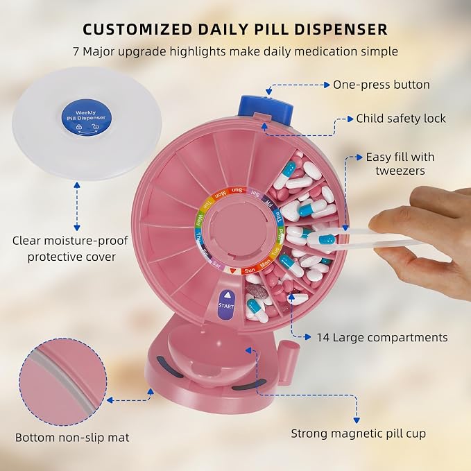 Pink Pill Organizer with No-Flip Design for Women to Take Daily Vitamins | One-Touch Button Pill Container with Med Cup & Tweezers for Medicine Hygienic, Free-Standing or Wall-Mounted for Medicine
