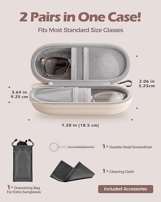 ProCase Hard Double Sunglasses Glasses Case for Men Women -Beige | Hard EVA Shell Shockproof Dual Eyeglass Case with Metal Hook Velvet Lining, Travel Zipper Organizer for Couple Gifts