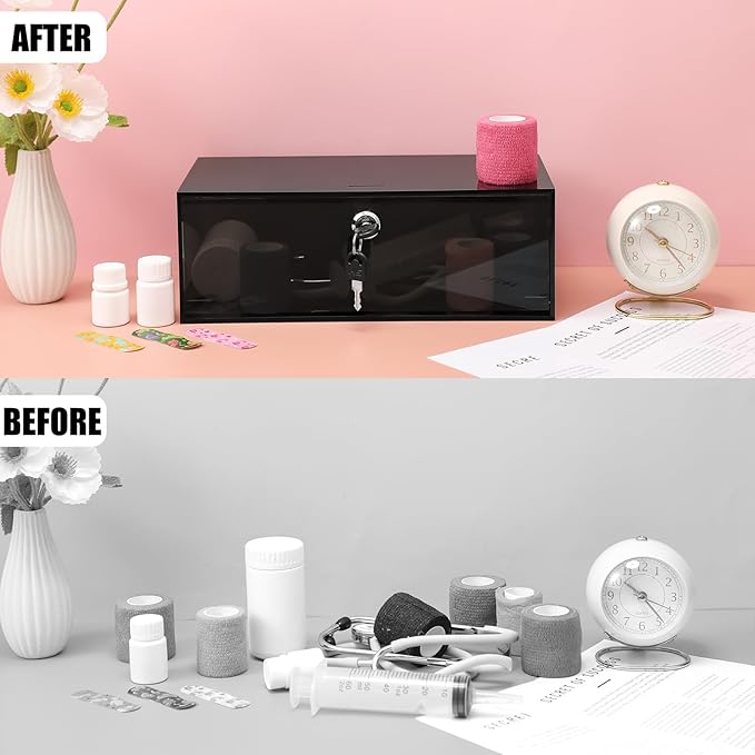 Refrigerator Medicine Lock Box with Keys and Mounting Hardware 8 x 4.5 x 3 Inch Wall Mount Locking Medicine Box Black Acrylic Wall Cabinet, First Aid Kit for Emergencies Home Use