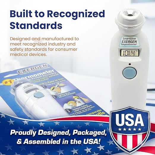 Exergen TAT-2000C Temporal Artery Forehead Thermometer for Baby Kids Adults | Displays Temperature Reading, Soft Glow, Silent Mode, Wipe Clean Sensor, 8 Reading Memory, 9V Battery Included for Family Use