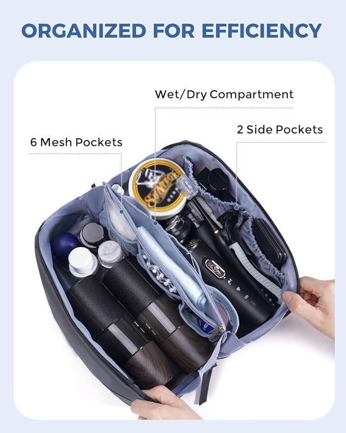 WANDF PU Leather Toiletry Bag for Men, Dopp Kit with Hanging Pouch | Water-Resistant Fabric, Travel Bag for Toiletries, Compact Storage, Shaving Accessories, Weekend Trips