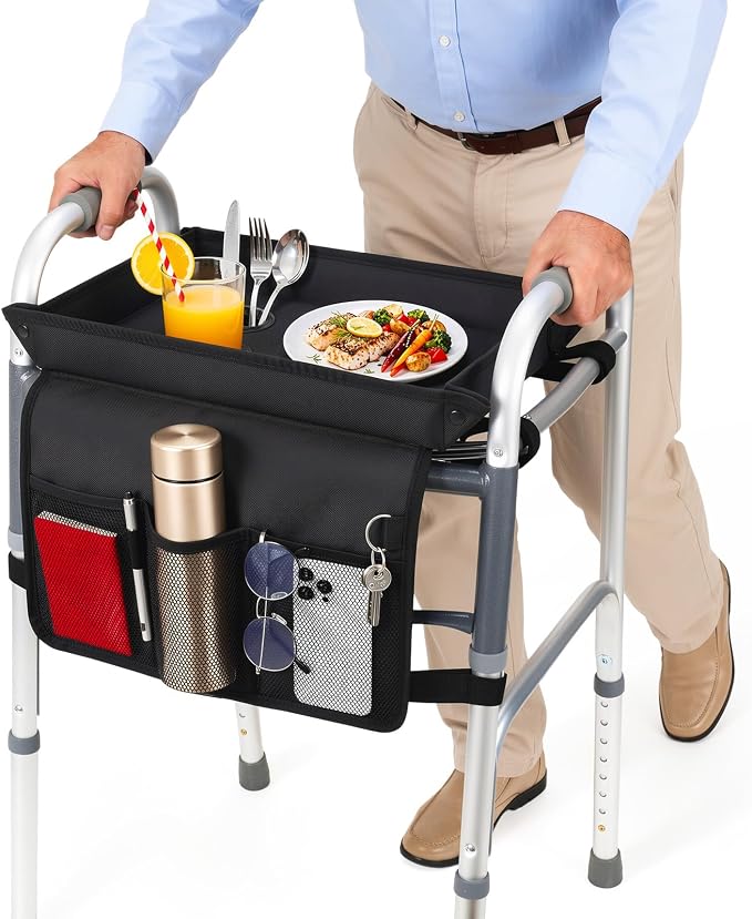 Rhino Valley Walker Tray for Folding Walker,Tray for Walker with Cup Holder | Sturdy & Non-Slip Tray for Walkers,Fits Standard Walkers,Removable&Easy Assembly, Mobility Accessory for Seniors Meals Drinks