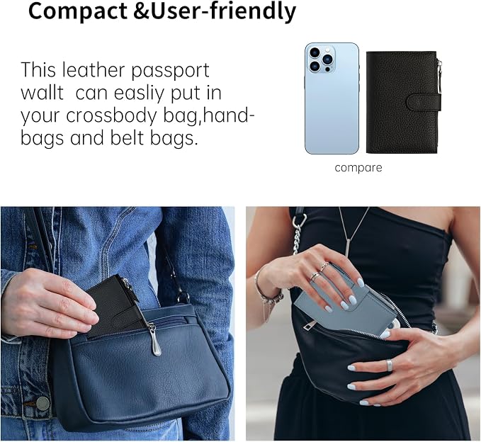 Passport wallet and Card Slot Combo RFID Blocking Leather Travel Passport Wallet for Men and Women with Zippered Coins Pocket Passport holder, Black