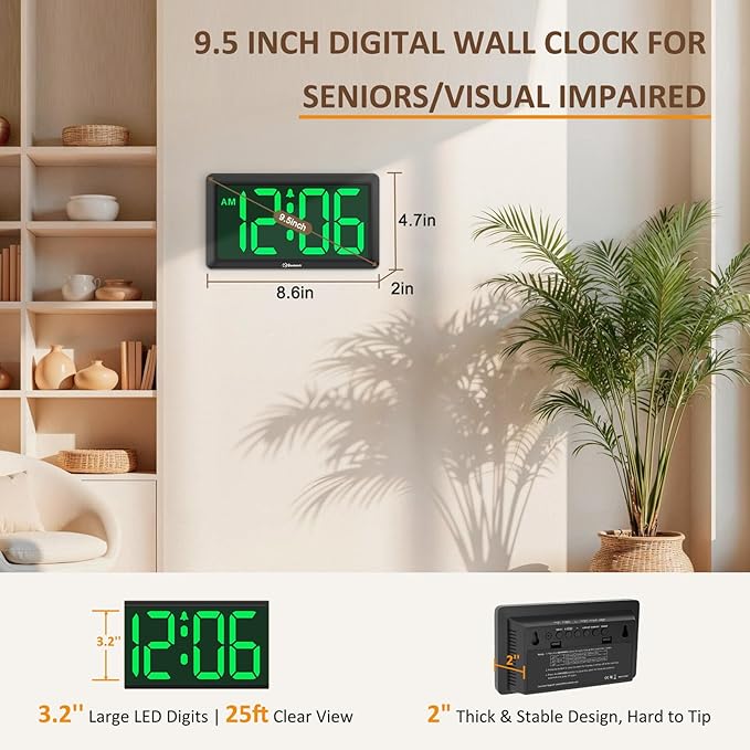 Soobest 9.5 Inch Large LED Digital Wall Clock Battery Operated, Auto & Manual Dimmer Display, Easy to Read 3.2'' Big Digit with Alarm for Seniors, Modern Decor for Living Room, Bedroom, Office (Green)