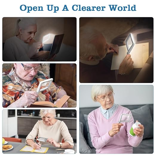 MoKo Magnifying Glass with Light, 4X Full-Page Folding Magnifier | Rechargeable magnifying glass for reading has 10 LEDs, 3 light levels and a 4.3 x 2.5 inch acrylic lens; grey.