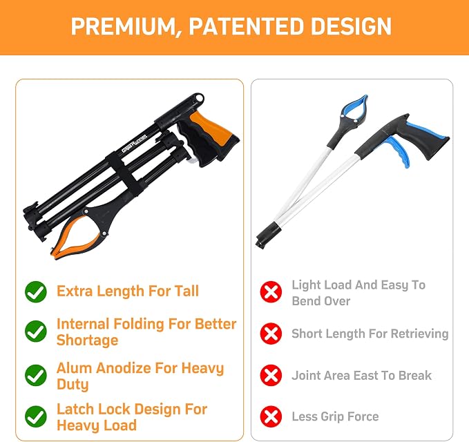 38" Extra Long Grabber Reacher Tool – 2 Pack Extra Long Foldable Reacher Grabber Pickup Tools with 360° Rotating Jaw - Heavy Duty Pick Up Grabbers for Seniors, Trash, Surgery Recovery (Orange Blue)