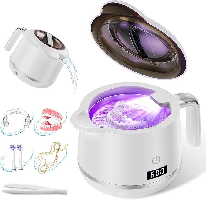 Ultrasonic Retainer Cleaner Machine - 45kHz Ultrasonic Cleaner - 200ML Mouth Guard & Denture Cleaner Pod & Jewelry - 5 Modes with Digital Timer - Upgrade Water Bottle Design, Porcelain White