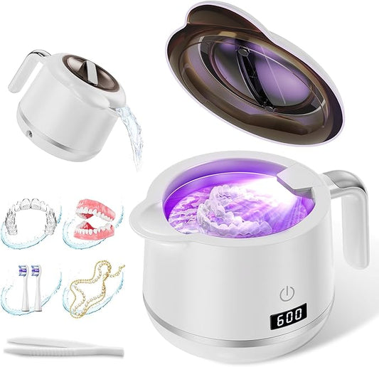 Ultrasonic Retainer Cleaner Machine - 45kHz Ultrasonic Cleaner - 200ML Mouth Guard & Denture Cleaner Pod & Jewelry - 5 Modes with Digital Timer - Upgrade Water Bottle Design, Porcelain White