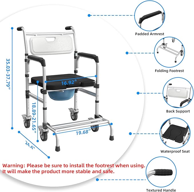 4 in 1 Rolling Bedside Commode Chair with Wheels for Elderly, Shower Chair with Handles, Adjustable Height Raised Toilet Seat for Seniors,Disabled and Pregnant Holds Up to 350 lbs (Black)