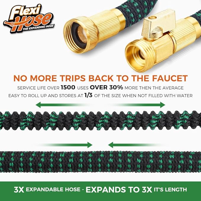 Flexi Hose with 8 Function Nozzle, 100FT - Lightweight Expandable Garden Hose, No-Kink Flexibility, 3/4 Inch Solid Brass Fittings and Double Latex Core - Black and Green