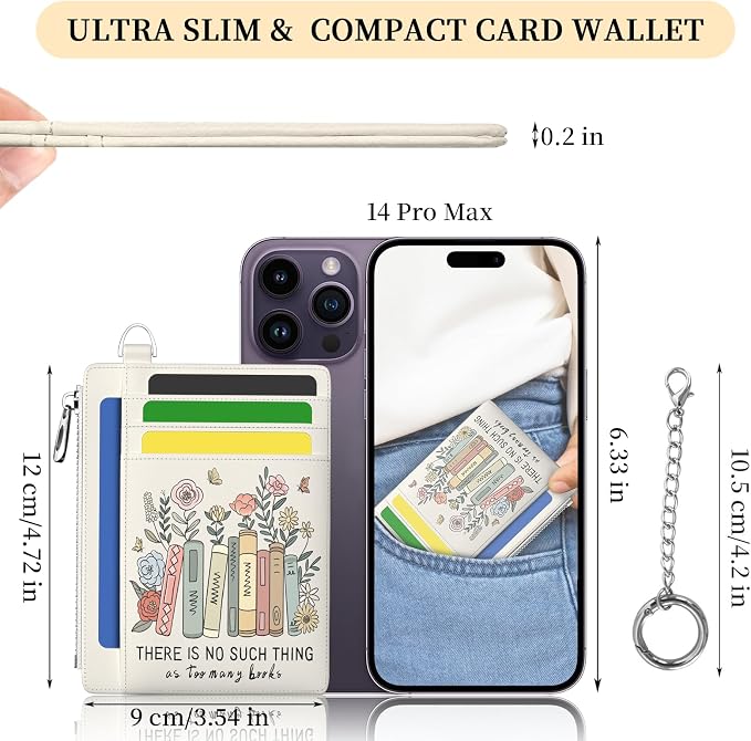 Hancynir Book Floral Small Wallet Women Credit Card Holder, Slim RFID | Zipper Keychain Wallet, Travel Coin Front Pocket, Ladies Women Gifts, Thin Minimalist Card Case, 6 Card Slots, PU Leather