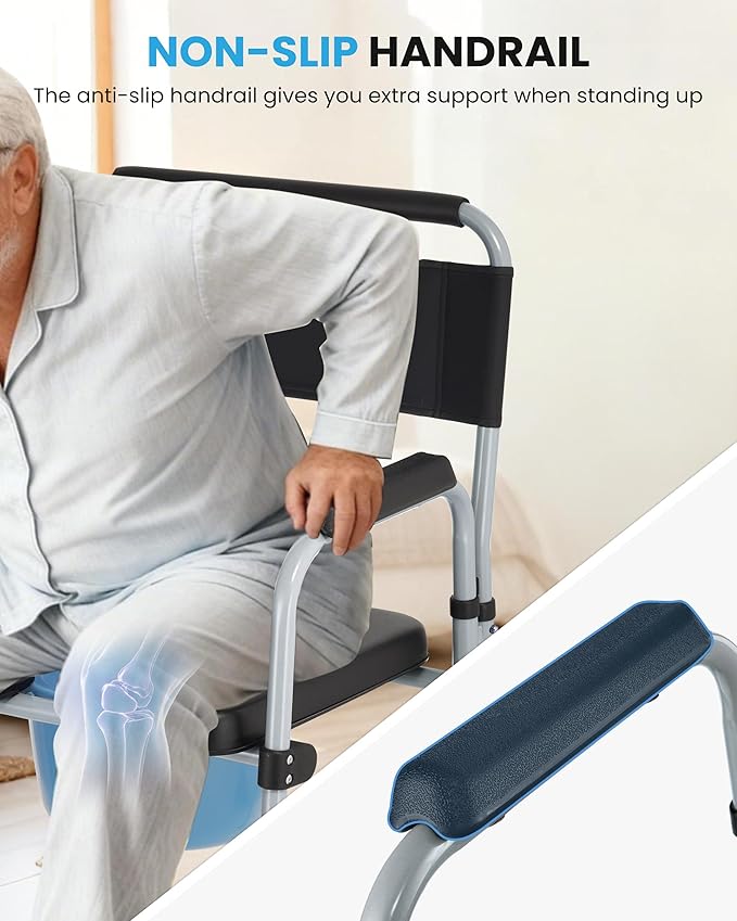 Bedside Commode, Foldable Adjustable Commode Toilet, 350 lb Capacity, Portable Bedside Toilet with Padded Seat & Backrest,bedside commodes for seniors and Mobility-Impaired Individuals