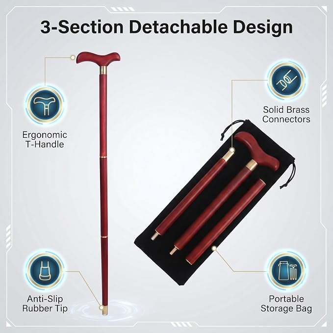 Handcrafted Solid Wood Walking Cane, 3-Section Detachable Brass Joints, Heavy Duty 400+ lbs Support, Lightweight 0.88 lbs, Anti-Slip Rubber Tip, 34.6 in