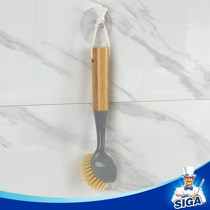 MR.SIGA Dish Brush with Bamboo Handle Built-in Scraper, Pack of 2 | Scrub brush for dishes, pans, pots, kitchen sinks cleaning, palm scrubber, palm scrub brush, dish scrubber with handle