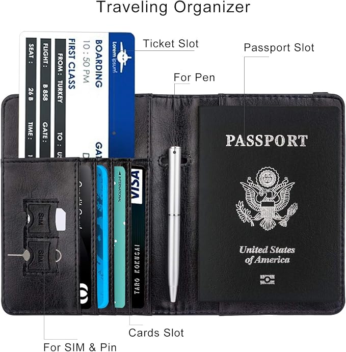 WALNEW Passport Holder for Travel, RFID Passport Cover Wallet for Women Men, PU Leather Passport Book Card Holder Case with Pen, Travelling Essentials for Flying | PU Leather Passport Cover Case with Pen Holder, Travel Must Haves Accessories, Passport ...