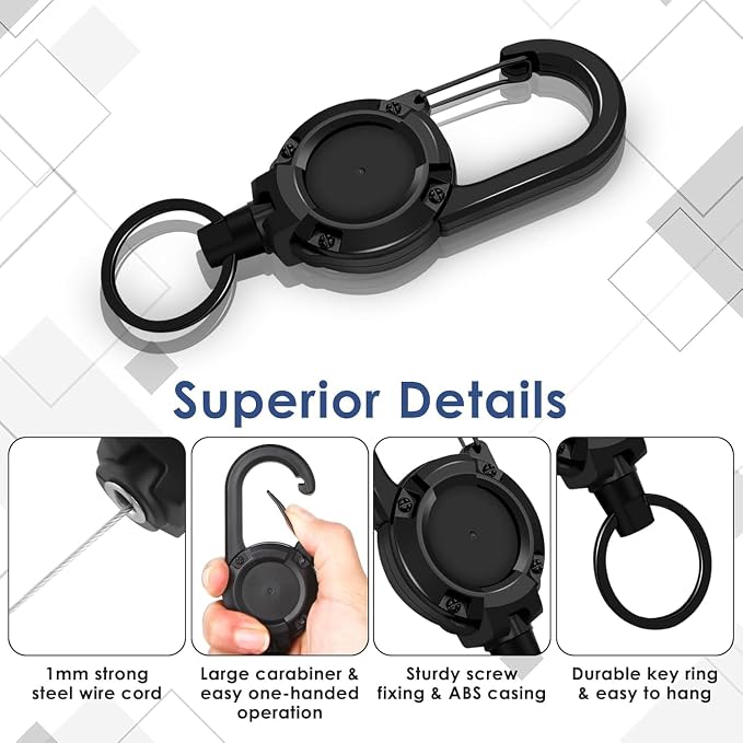 Retractable Keychain 4 Pieces Heavy Duty Carabiner Badge Holder Retractable Badge Reel ID Holder Extendable Key Ring Key Holder for 8 oz ABS Casing with 24 inches Steel Cord (Black)