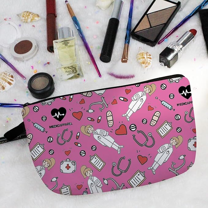 Livel lhood Pink Nurse Doctor Small Makeup Zipper Bag | Pink Nurse Doctor Printed Cosmetic Organizer Pouch, Pink Nurse Doctor Gift for Women Friends