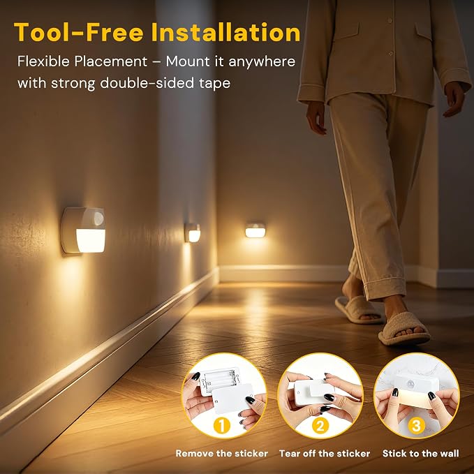 L LOHAS LED Motion Sensor Step Lights Indoor, Battery Operated Stair Lights | Warm White 3000K, Wireless Stick-On LED Night Lights for Hallway, Bedroom, Under Cabinet, Kitchen, 6 Pack