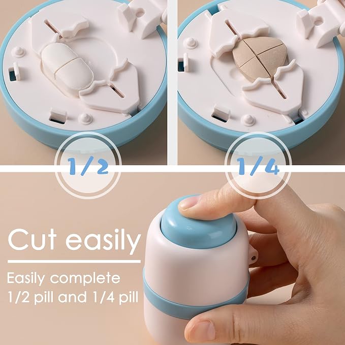 Pill Cutter for Making 1/4 and 1/2 Pills, Pill Cutter for Small or Large Pills, Hidden Safety Blade. Portable Pill Cutter for Going Out or Traveling, Doubles as a Pill Box (Blue)
