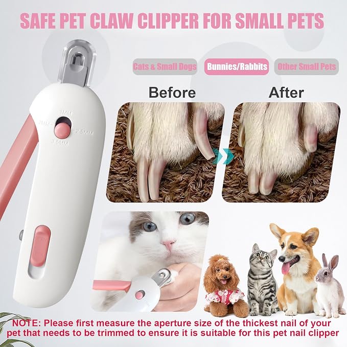 Professional Cat Nail Clipper and Trimmer with 3 Adjustable Safety Levels (1-3.5mm), Kitten Supplies, Puppy Grooming Tools, with Debris Catcher & Hidden Nail File Pink