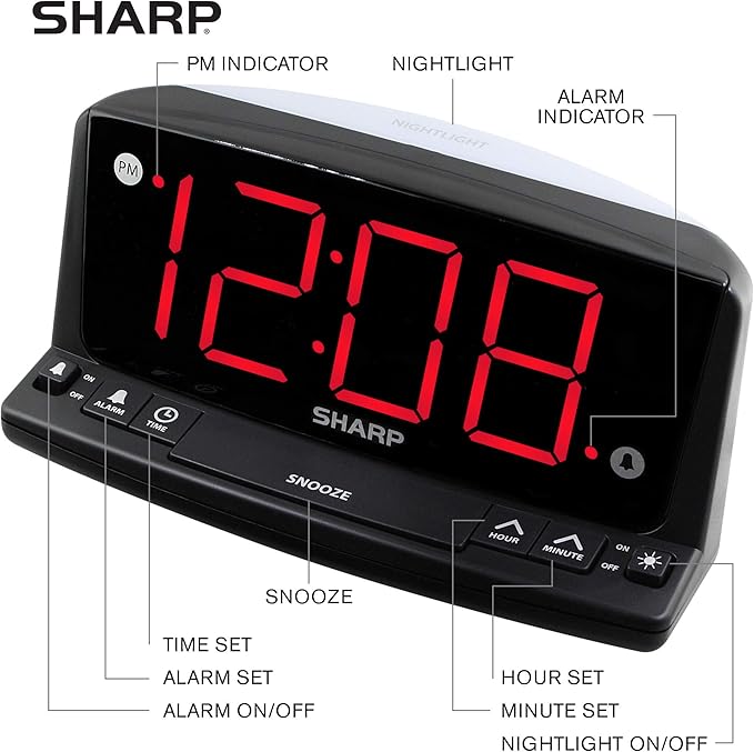 Sharp Digital Alarm Clock, 1.8" Red LED, Night Light, Loud Alarm, Black | Front keyboard controls, 9-minute snooze, AC powered, 9V settings backup, across-room viewing, bedroom, nursery, bathroom