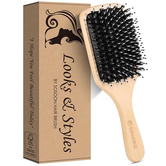 Hair Brush, Sosoon Boar Bristle Paddle Hairbrush for Long Short Thick Thin Curly Straight Wavy Dry Hair for Men Women Kids, No More Tangle, Giftbox & Tail Comb Included