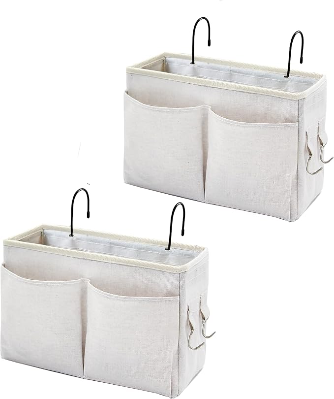 Bedside Caddy Organizer & Bedside Storage Basket Multi-Function Organizer for Bunk, Hospital Beds, Dorm Bed Rails,| Holds Magazines, Books, Glasses, Phone | Space-Saving (White 2 Pack)