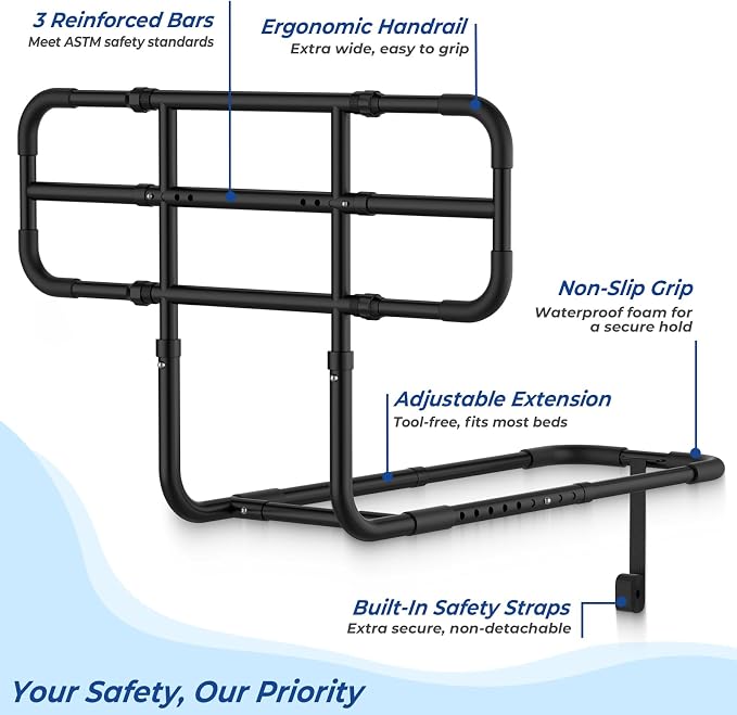 Bed Rail with Extendable Handle 350 LBS Capacity, Model BS09 | ASTM-Approved, Adjustable Bed Rails for Elderly Adults Safety, Tool-Free Bed Cane for Seniors & Post Surgery, Storage Bag