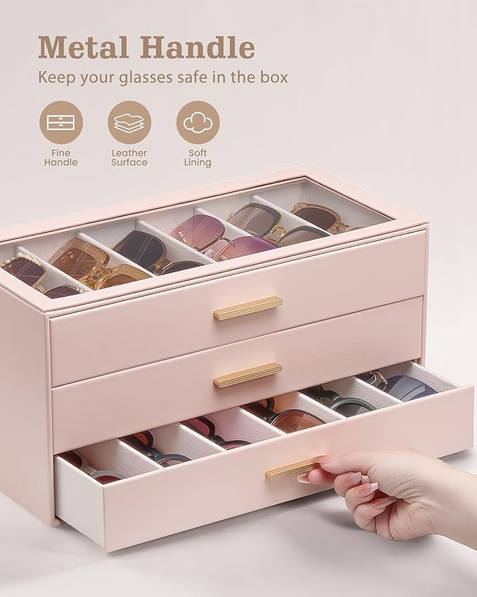 Lolalet Sunglasses Storage Box for Women, Eyewear Eye Glass Organizer with Clear Top Display Holder Case