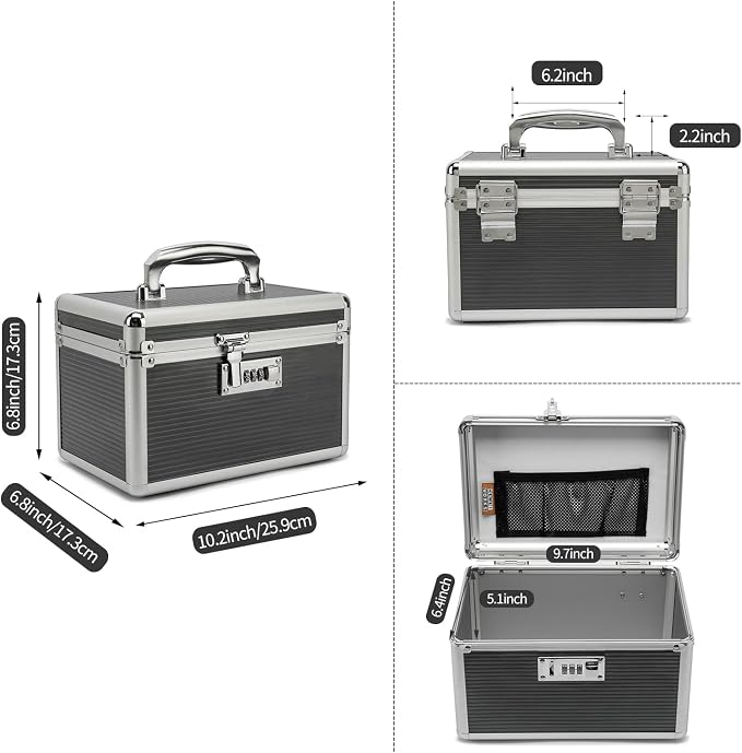 Lockable Medication Box with Portable Storage Case, 10.2 x 6.8 x 6.8 Inch, Childproof Medicine Lock Organizer, Lockbox for Secure Cash, Jewelry, ID Documents (Gray/Small)